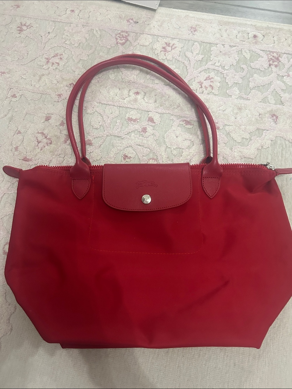 Longchamp Red Nylon Tote with Leather Trim